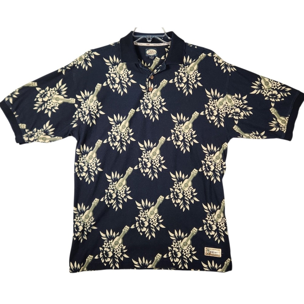 Tommy Bahama Mens M Polo Shirt Navy Ukulele Guitar Floral 100% Cotton Aloha